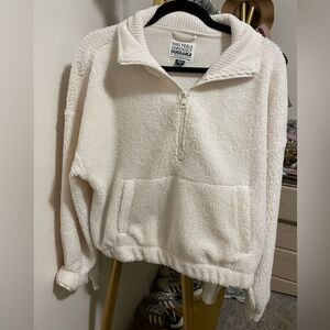 American Eagle Outfitters Cream Sherpa Quarter-Zip Sweater